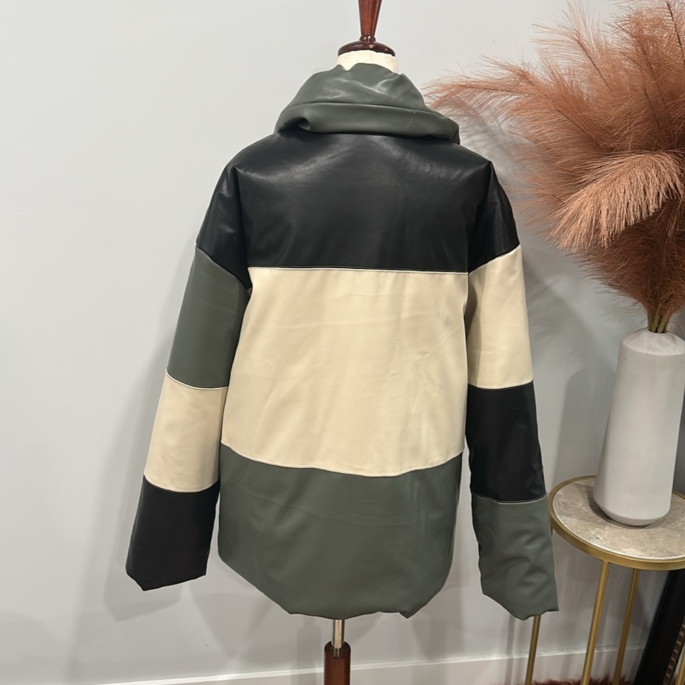 Patchwork Leather Jacket - Black, Cream, And Green - image 4